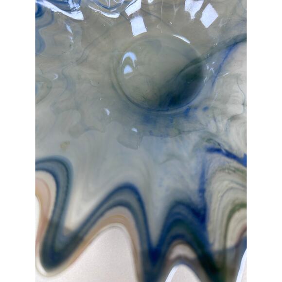 VTG Murano Iridescent Pearlized Blue White Swirl Bowl Hand Blown Art Glass Italy - Picture 6 of 9